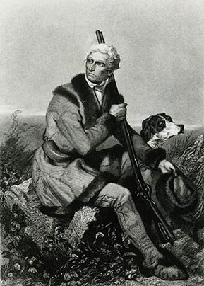 Painting of Daniel Boone with his dog.